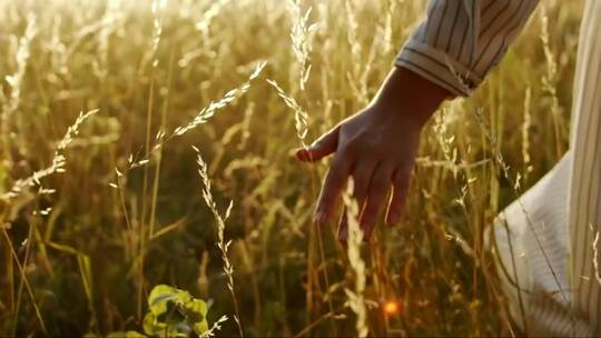 手在金色的夕阳下触摸小麦