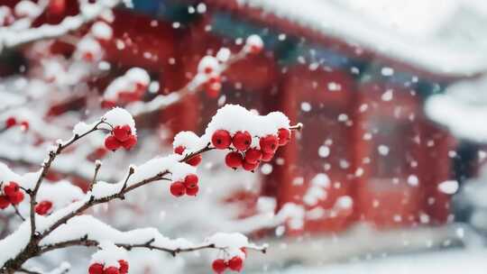 雪中红果与古建筑景观