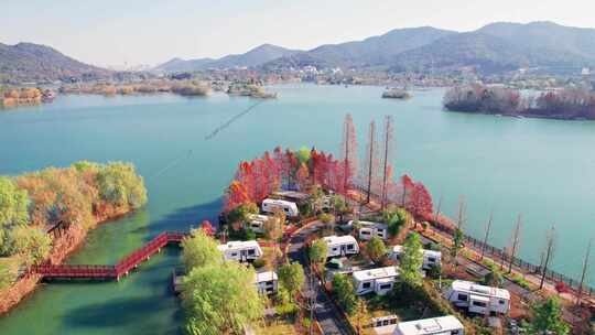 杭州湘湖汽车露营营地秋天风景航拍