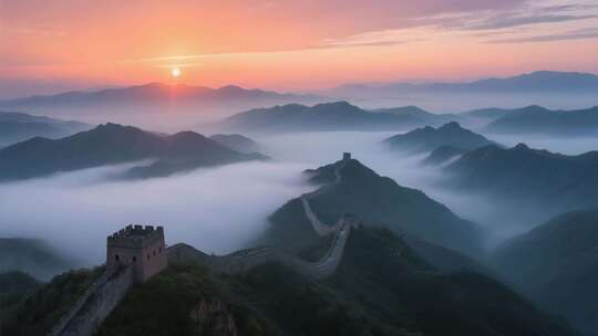 航拍云雾缭绕的壮美万里长城云海日出延时