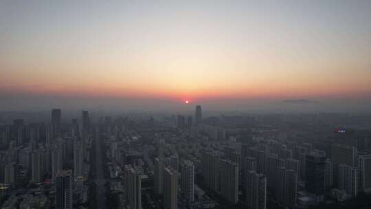 山东日照城市夕阳晚霞日落航拍