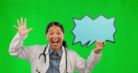 演讲泡泡、女医生和绿屏用于公告、新闻和社