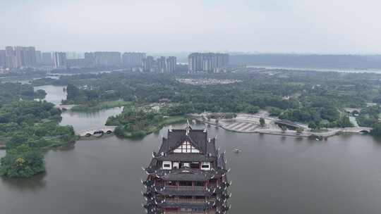 航拍四川眉山东坡湿地公园远景楼