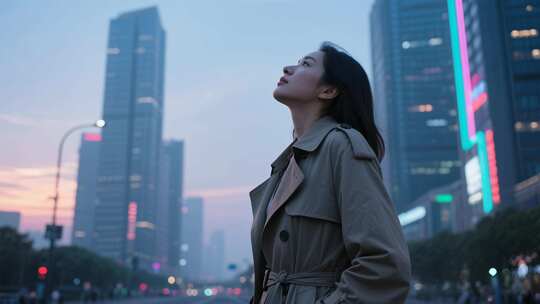 都市女性仰望城市夜景