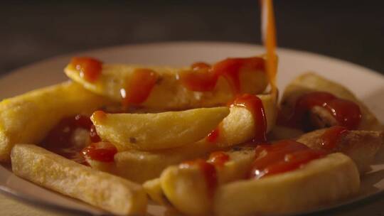 4K薯条挤番茄酱、快餐薯条展示视频素材模板下载