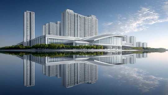 城市建筑群倒影于湖面之上宁静美好