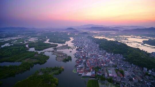 航拍夕阳下诸暨著名景点白塔湖国家湿地公园