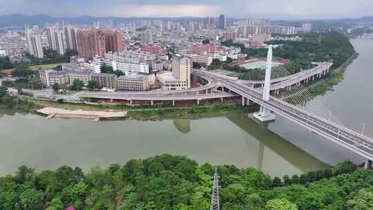 航拍福建龙岩上杭县县城汀江大桥