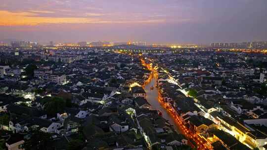 中国江苏省苏州山塘街景区夜景航拍