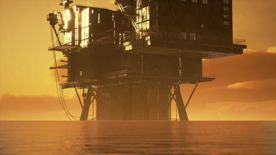 夕阳下的海上石油钻井平台