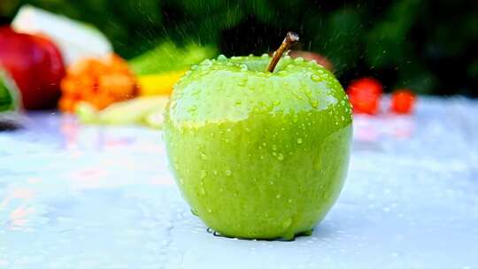 带水珠的青苹果特写