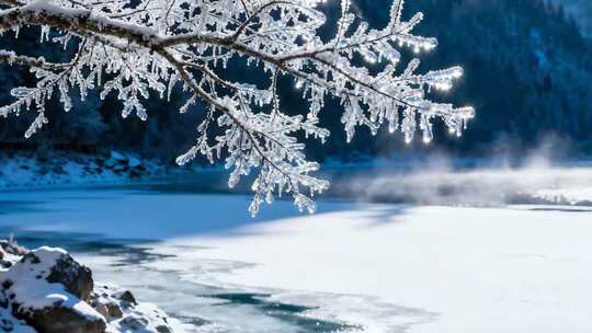 冬日结冰湖面旁覆雪树枝
