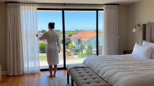 卧室女子拉开窗帘赏景画面