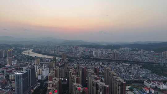 航拍广西百色日落晚霞夕阳