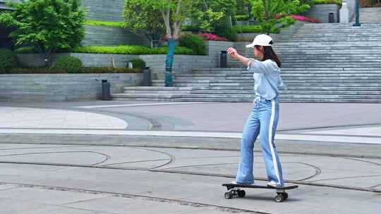 一名年轻美少女在公园广场独自一人练习滑板