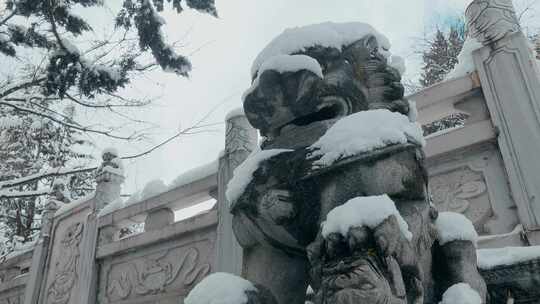 云南景点香格里拉冬季雪景石狮藏式寺庙