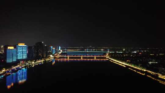 湖北襄阳汉江两岸夜景灯光航拍