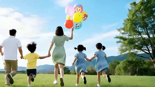 一家五口户外牵手奔跑场景