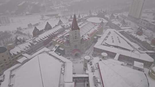 中国黑龙江哈尔滨世界欢乐城雪景航拍