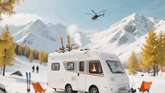 雪山下房车露营直升机飞过