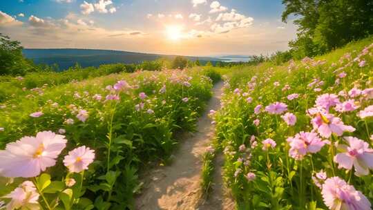 山间花海日落美景