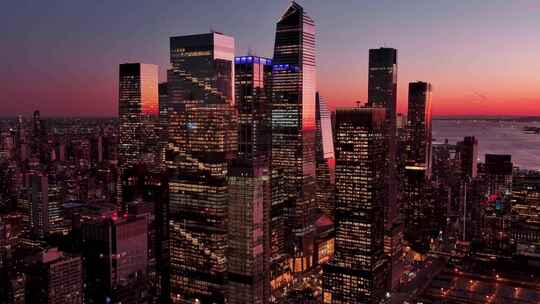 航拍曼哈顿哈德逊广场摩天大楼日落夜景灯光