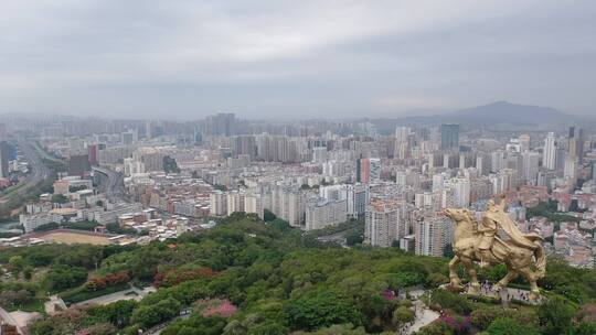 泉州郑成功雕像航拍丰泽区大坪山看市区阴天