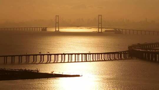 金色日出下的深中通道