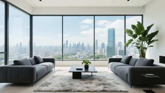 现代风格客厅大窗城市景观