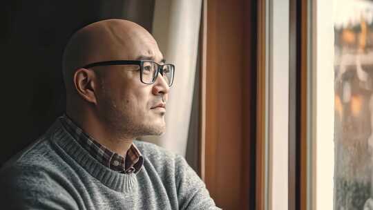 戴眼镜老人窗边静坐凝望