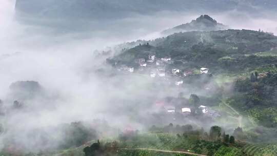 云雾缭绕的山村景象