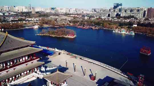西安古建筑湖泊航拍全景