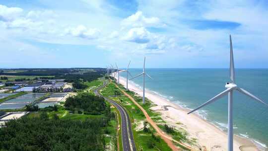 航拍海南文昌环岛旅游自驾旅行与新能源风车