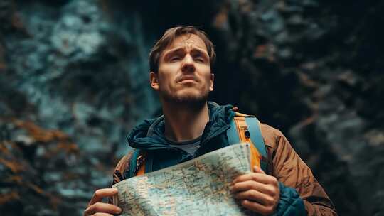 规划旅程背包客手持地图认真思索