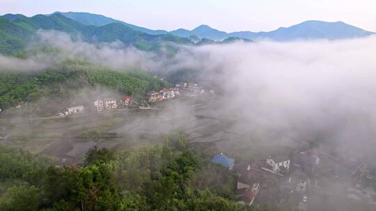 清晨大雾中的湖州安吉山区乡村航拍视频素材模板下载