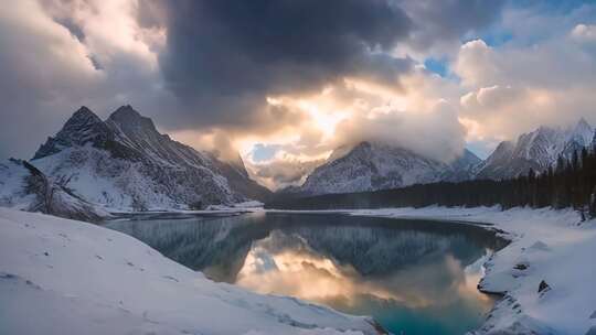 雪山湖泊阳光雪景风光