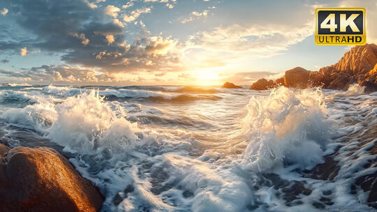 温暖阳光海浪浪花拍打扑向海岸岸边逆光特写