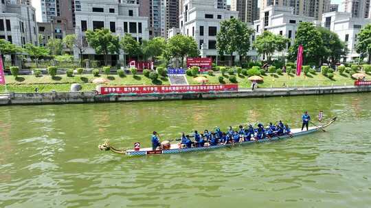 城市河道龙舟队伍划船场景