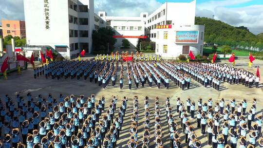 中小学校园开学典礼 操场升旗列队航拍