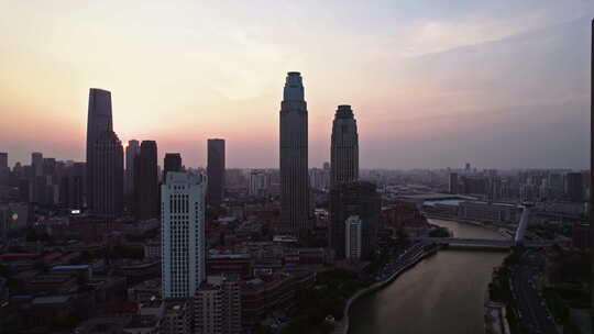 天津海河建筑风景线日落城市风光航拍