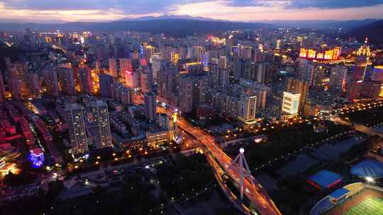 青海西宁晚霞夜景航拍