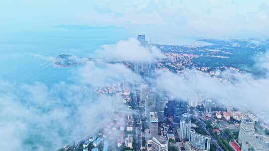 中国山东青岛城市航拍海边繁华城市高楼鸟瞰