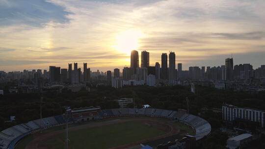 航拍武汉中超比赛新华路体育场夕阳晚霞落日