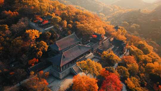 秋天山顶景区风景航拍