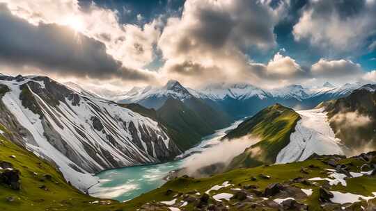 雪山湖泊自然风光全景