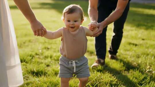 父母牵手婴儿草地学步