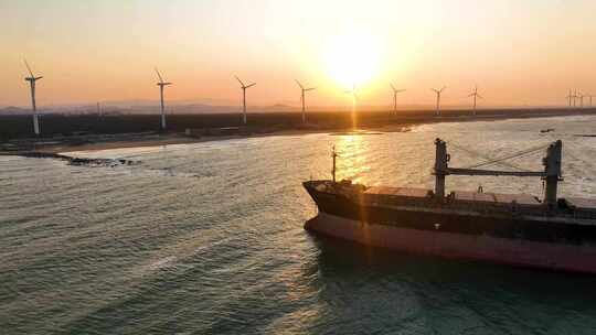 轮船 夕阳 大海 搁浅