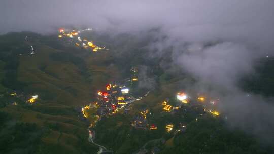 【4K超清】航拍广西龙脊梯田夜景空镜