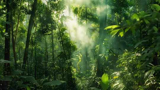 森林大自然 光影照射森林 云雾环绕森林