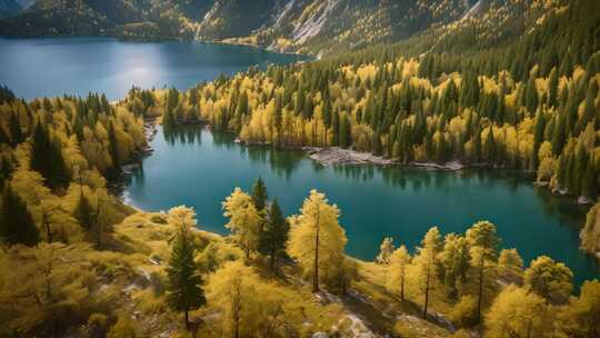 山林间湖泊秋日全景